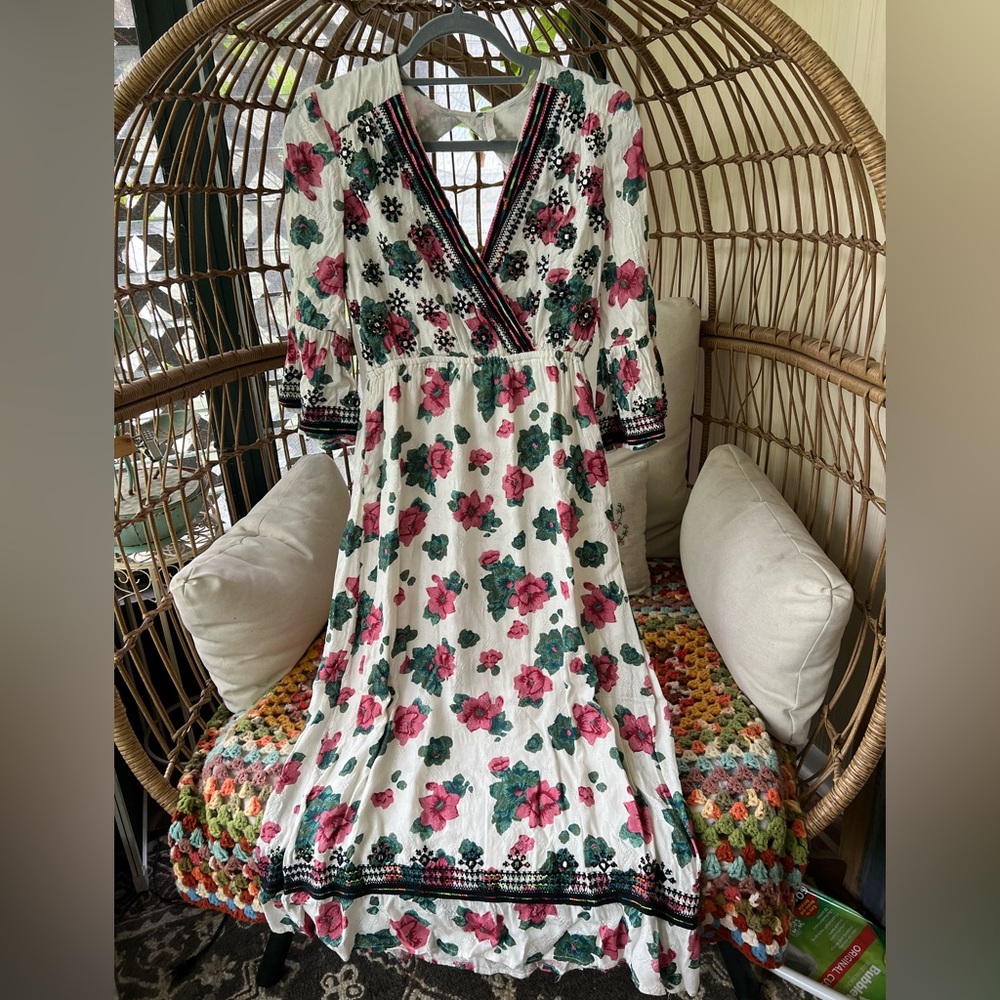 Free people floral open back midi dress with boho details